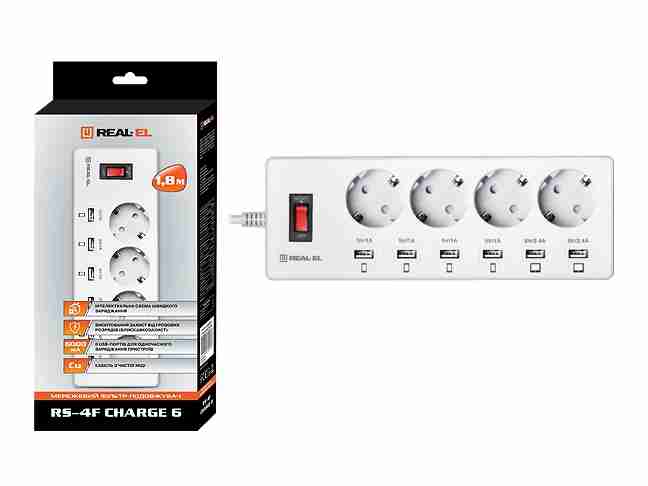Удлинитель REAL-EL RS-4F Charge 6 1.8m