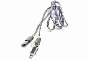 Кабель PowerPlant Quick Charge 2A 2-в-1 cotton USB 2.0 AM – Lightning/Micro 1м grey (KD00AS1289)