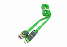 Кабель PowerPlant Quick Charge 2A 2-в-1 flat USB 2.0 AM – Lightning/Micro 1м green (KD00AS1291)