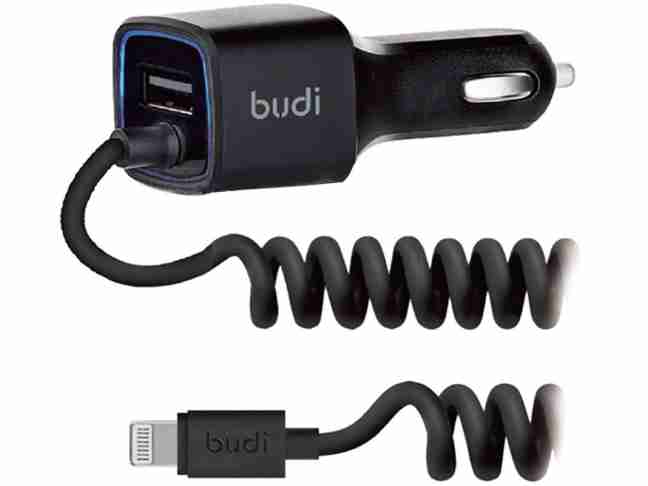 Автомобильное зарядное устройство Budi Car charger Blue Led 1USB 2.4A + Lightning cable 1.2 m Black (M8J066L BLACK)