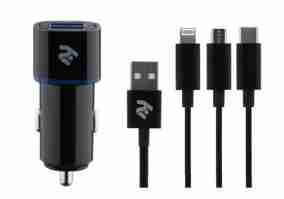 Автомобильное зарядное устройство 2E Dual USB Car Charger 2.4A + Cable 3in1 Black (2e-ACR01-C3IN1)