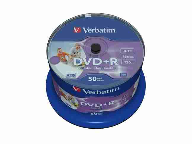 Диски DVD + R Verbatim 4.7Gb 16X CakeBox 50шт Wide inkjet photo Printable (43512)