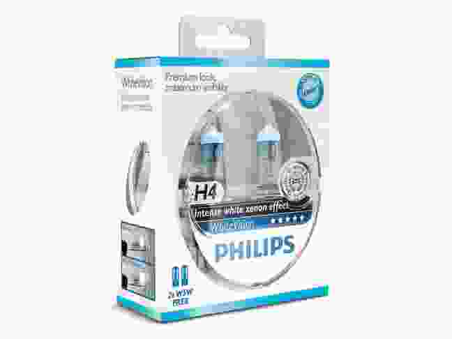 Галогенная лампа Philips H4 WhiteVision +60%, 4300K, 2шт/блистер 12342WHVSM