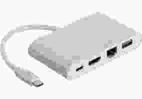 Мультипортовый адаптер 2E Type C toUSB 3.0+Gigabit Ethernet+HDMI+USB Type C, 0.15m, silver W-2532