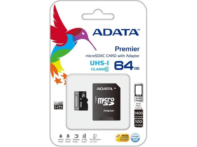 Карта пам'яті ADATA 64 GB microSDXC UHS-I + SD adapter Premier (AUSDX64GUICL10-RA1)