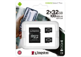 Карта пам'яті Kingston 32 GB microSDHC Canvas Select Plus UHS-I V10 A1 Class 10 2-pack + SD-adapter (SDCS2/32GB-2P1A)
