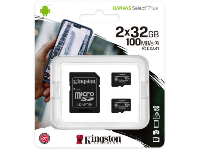 Карта памяти Kingston 32 GB microSDHC Canvas Select Plus UHS-I V10 A1 Class 10 2-pack + SD-adapter (SDCS2/32GB-2P1A)