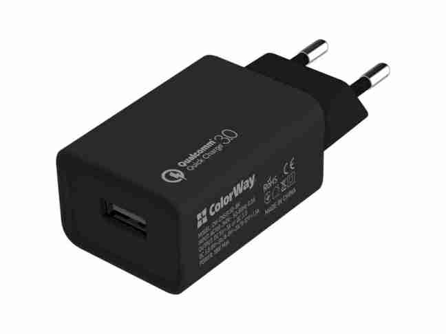 Сетевое зарядное устройство ColorWay 1USB Quick Charge 3.0 (18W) + Type-C Black (CW-CHS013QCC-BK)